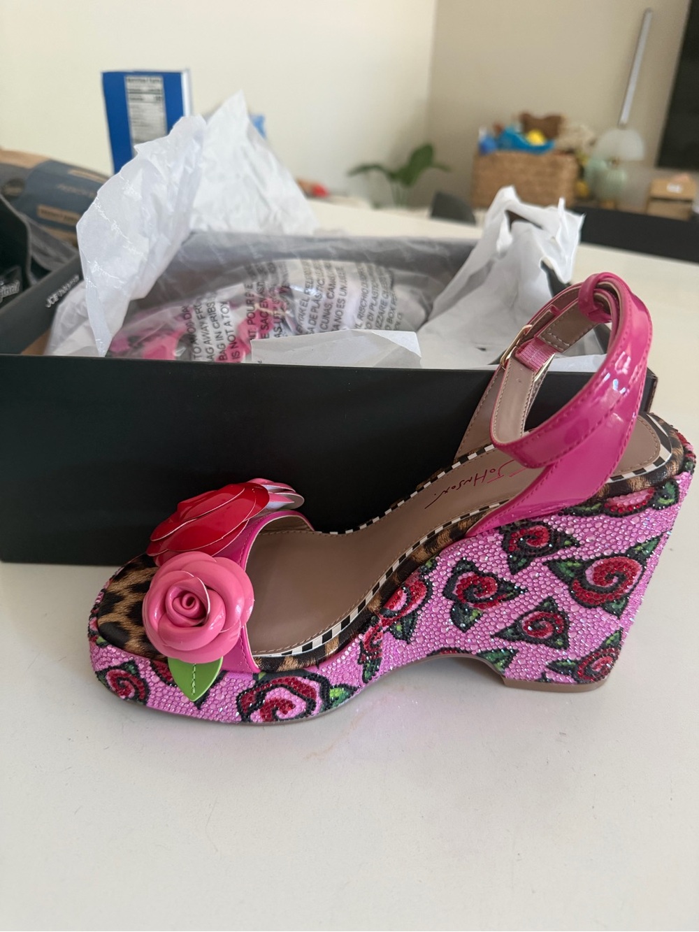 Betsey Johnson Lizzete Pink Floral Beaded Wedge Sandal with Rose Appliqués - Picture 2 of 4